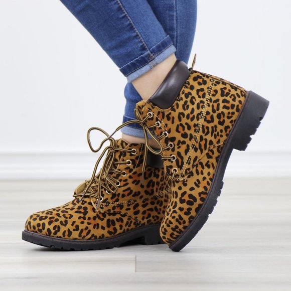 Women's Leopard Combat Lace-up Ankle Boots Low Heel Casual Short Booties - Picture 9 of 12